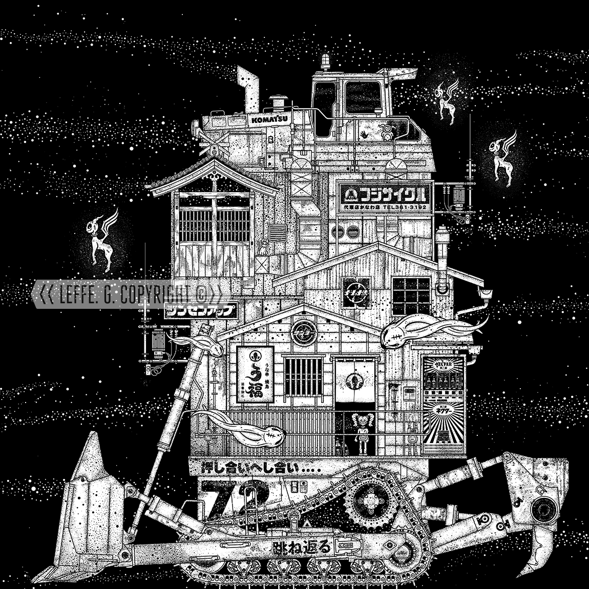 Dreaming Demons: D11 Dozer, Komatsu, Japanese old housing. Giclée print by Leffe Goldstein. アートプリント。